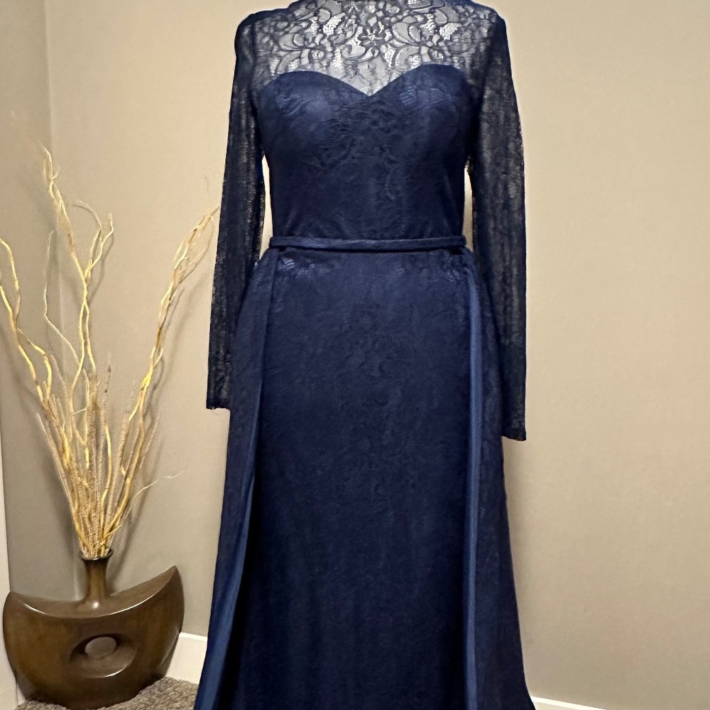 Mac Duggal Lace Illusion Long Sleeve Gown with Overlay Skirt